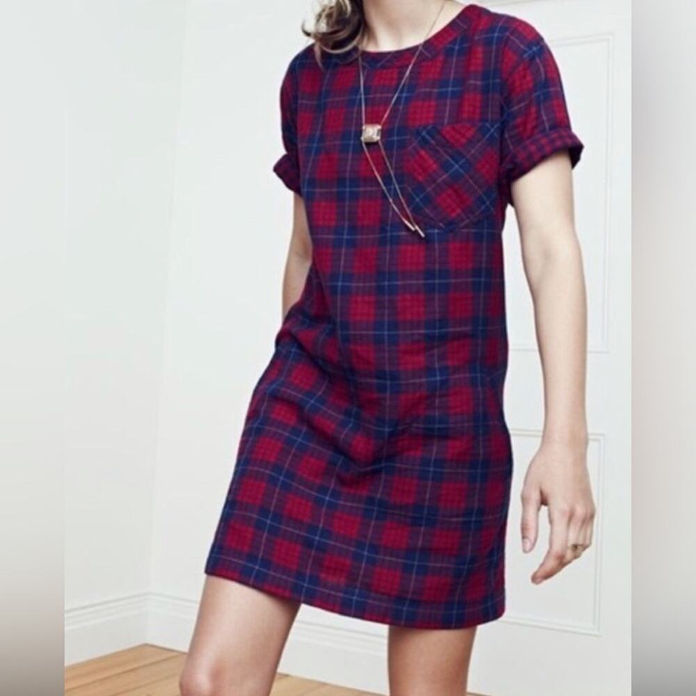 Madewell Y2K Edina Red Blue Preppy Plaid Academia Mini Shirt Dress size XS